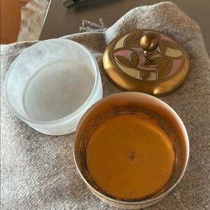 Chase Art Deco Style Gold/Cream/Pink Copper Metal Round Lidded Box Frosted Glass